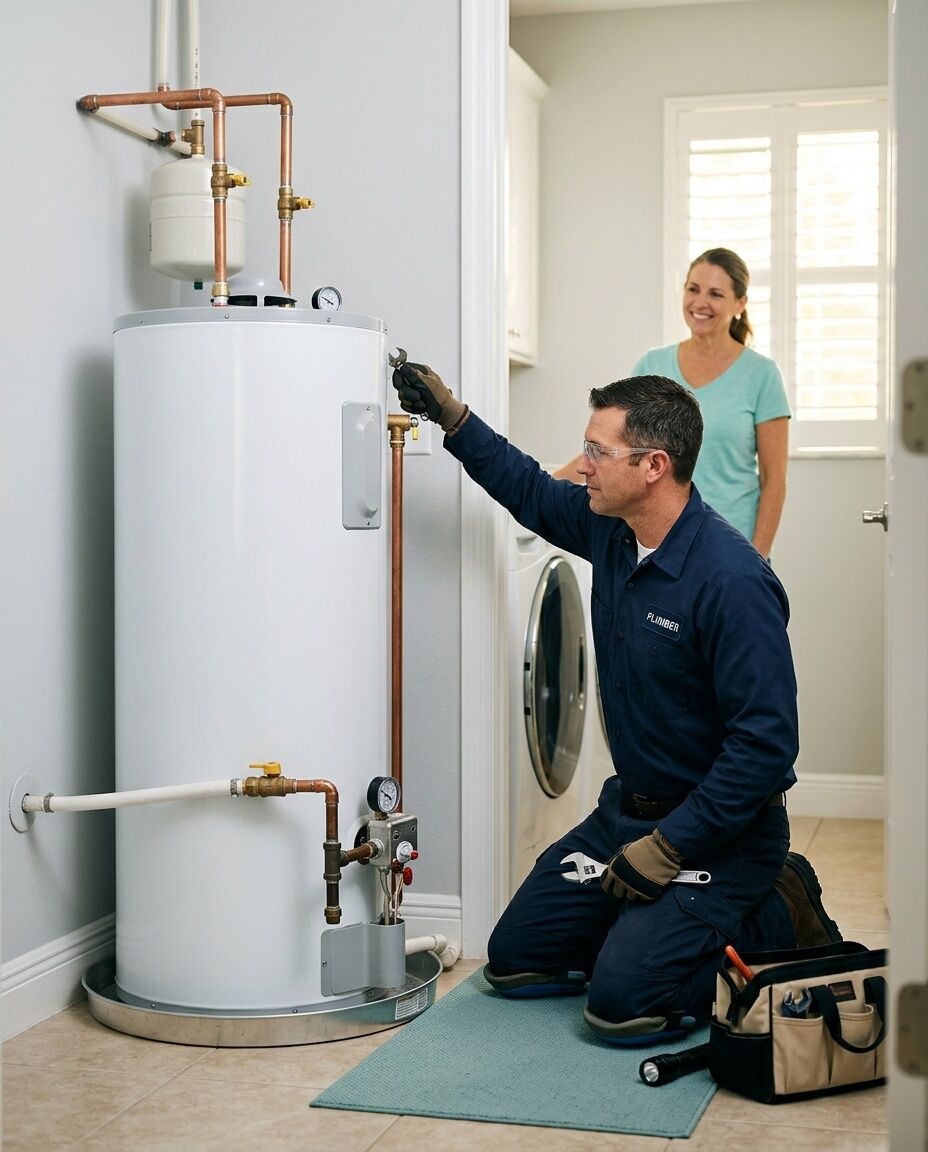 Technician examining a residential water heater
